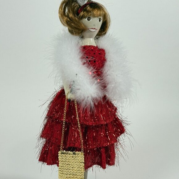 Nutcracker Village Flapper Figurine Red Dress Faux Fur Shawl Vintage - Picture 11 of 15
